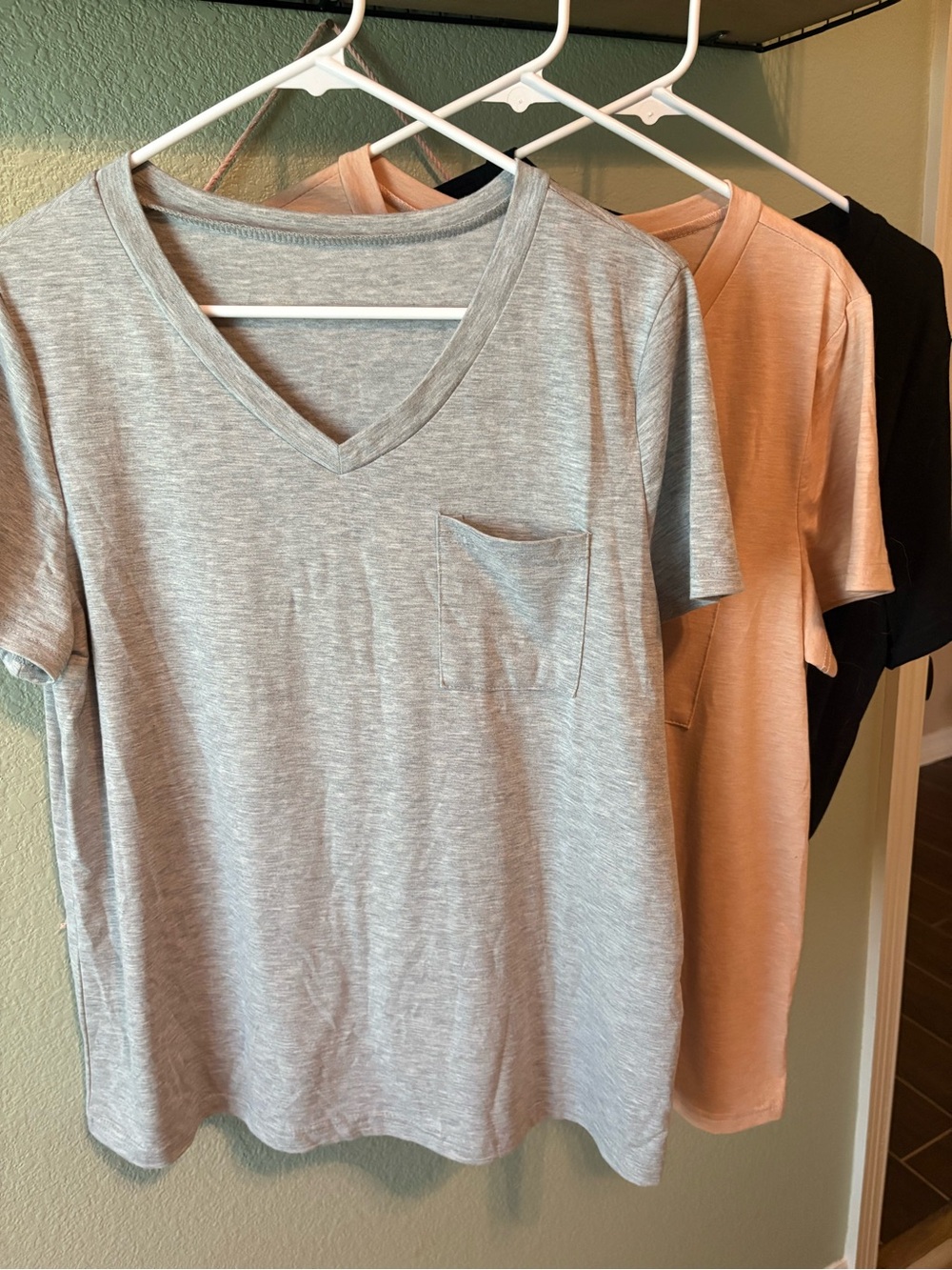 Women’s V-Neck Pocket Tee - 3 Pack (Grey Heather, Tan Heather, Black)